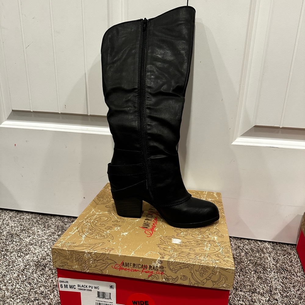 American Rag Emilee Black Heeled Tall Mid Calf Riding Biker Boot NIB 6M WC
